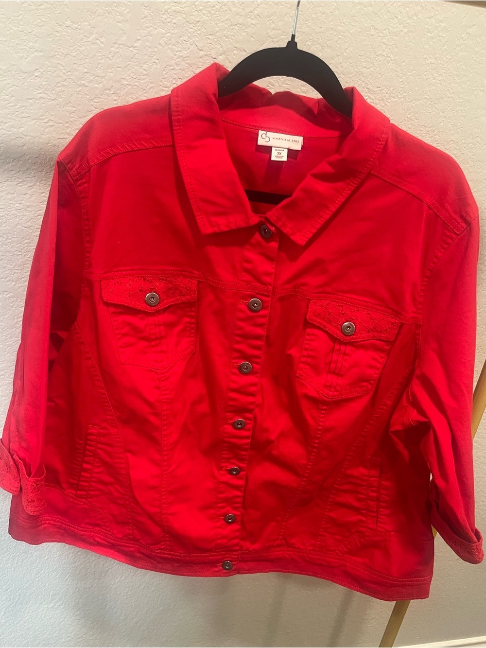 Cato Women’s 3X Red Stretch Jacket 3/4 Sleeve Lace Trim Button Front